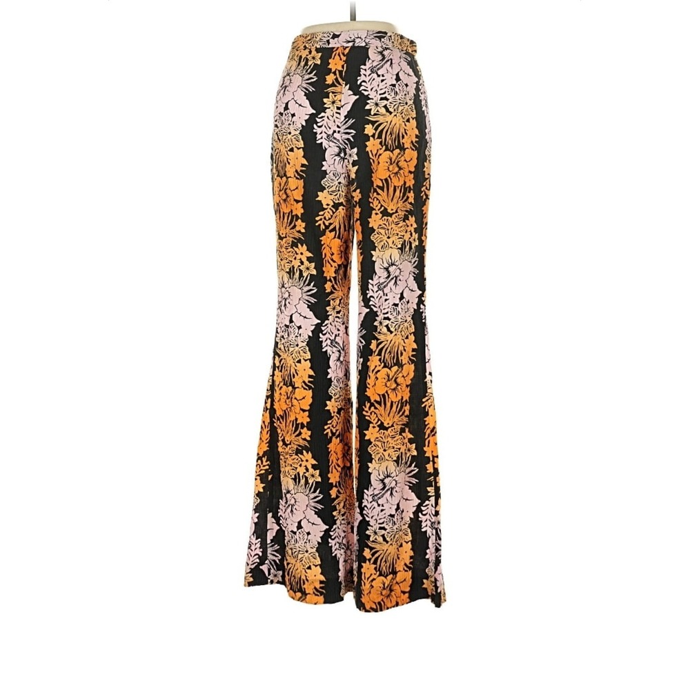 Sandro Paris Floral Wide Leg Pants Black Orange High Rise 36/4 Flared Palazzo‎ - Picture 4 of 12